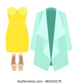 Set of trendy women's clothes with coat, dress and accessories. Vector illustration