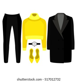 Set of trendy women's clothes with coat, panties, pullover and accessories. Vector illustration