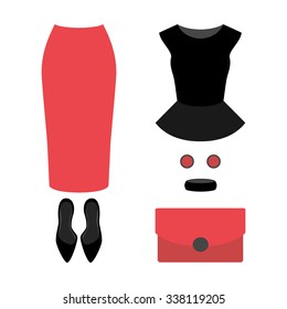 Set of  trendy women's clothes with coral skirt, top and accessories.Women's wardrobe. Vector illustration