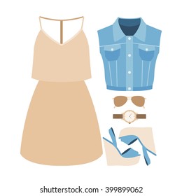 Set of trendy women's clothes with denim vest, dress and accessories. Vector illustration
