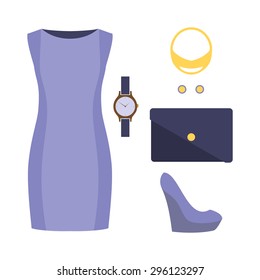 Set of trendy women's clothes with dress and accessories. Vector illustration