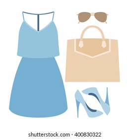 Set of trendy women's clothes with dress and accessories. Vector illustration