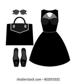 Set of trendy women's clothes with dress and accessories. Vector illustration
