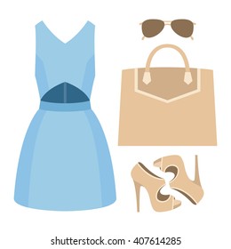 Set of trendy women's clothes with dress and accessories. Vector illustration