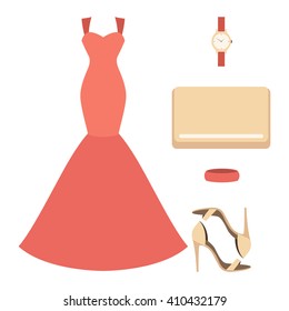 Set of trendy women's clothes with dress and accessories. Vector illustration