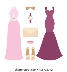 Set of trendy women's clothes with dress and accessories. Vector illustration