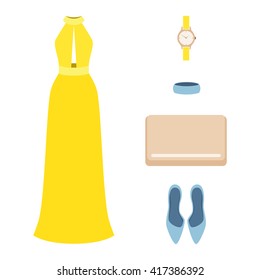 Set of trendy women's clothes with dress and accessories. Vector illustration