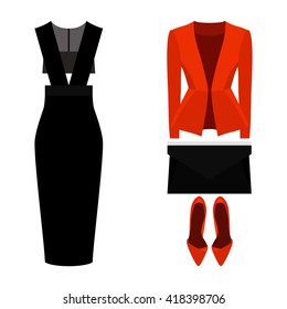 Set of trendy women's clothes with dress, jacket and accessories. Vector illustration