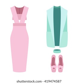 Set of trendy women's clothes with dress, vest and accessories. Vector illustration