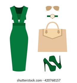 Set of trendy women's clothes with dress and accessories. Vector illustration