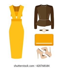 Set of trendy women's clothes with dress, coat and accessories. Vector illustration