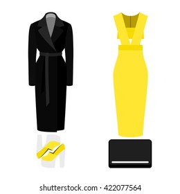 Set of trendy women's clothes with dress, coat and accessories. Vector illustration