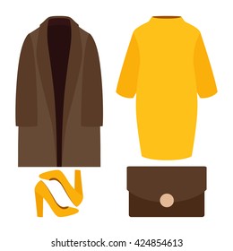 Set of trendy women's clothes with dress, coat and accessories. Vector illustration