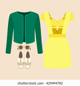 Set of trendy women's clothes with dress, jacket and accessories. Vector illustration