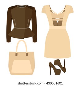 Set of trendy women's clothes with dress, coat and accessories. Vector illustration