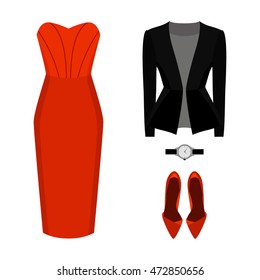 Set of trendy women's clothes with dress, jacket and accessories. Vector illustration