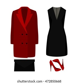 Set of trendy women's clothes with dress, coat and accessories. Vector illustration