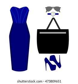 Set of trendy women's clothes with dress and accessories. Vector illustration