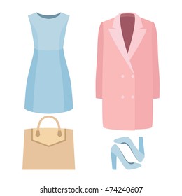 Set of trendy women's clothes with dress, coat and accessories. Vector illustration