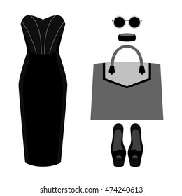 Set of trendy women's clothes with dress and accessories. Vector illustration