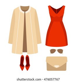 Set of trendy women's clothes with dress, coat and accessories. Vector illustration