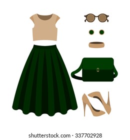 Set of  trendy women's clothes with green skirt, top and accessories.Women's wardrobe. Vector illustration