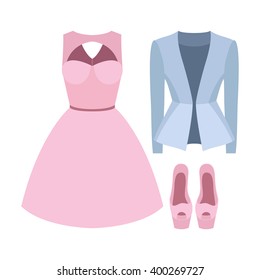 Set of trendy women's clothes with jacket, dress and accessories. Vector illustration