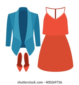 Set of trendy women's clothes with jacket, dress and accessories. Vector illustration