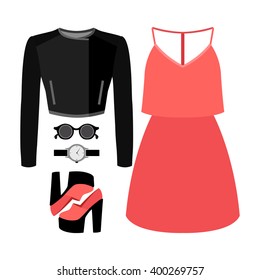 Set of trendy women's clothes with jacket, dress and accessories. Vector illustration