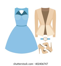 Set of trendy women's clothes with jacket, dress and accessories. Vector illustration