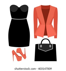 Set of trendy women's clothes with jacket, dress and accessories. Vector illustration