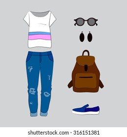 Set of trendy women's clothes with jeans, t-shirt and accessories. Vector illustration