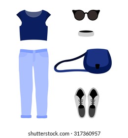 Set of trendy women's clothes with jeans, blue t-shirt and accessories. Vector illustration