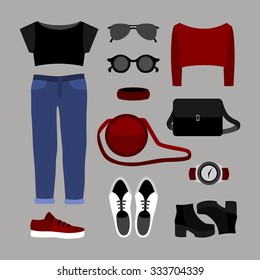 Set of  trendy women's clothes with jeans, top, pullover and accessories.Women's wardrobe. Vector illustration