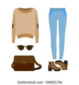 Set of  trendy women's clothes with jeans, pullover and accessories.Women's wardrobe. Vector illustration