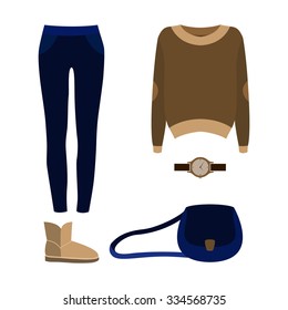 Set of  trendy women's clothes with jeans, pullover and accessories.Women's wardrobe. Vector illustration