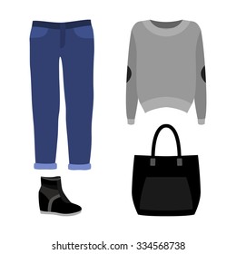 Set of  trendy women's clothes with jeans, pullover and accessories.Women's wardrobe. Vector illustration
