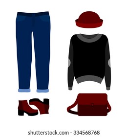 Set of  trendy women's clothes with jeans, pullover, hat and accessories.Women's wardrobe. Vector illustration