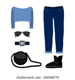 Set of  trendy women's clothes with jeans, pullover and accessories.Women's wardrobe. Vector illustration