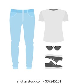 Set of  trendy women's clothes with jeans, t-shirt and accessories.Women's wardrobe. Vector illustration