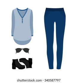 Set of  trendy women's clothes with jeans, blouse and accessories.Women's wardrobe. Vector illustration