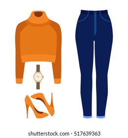 Set of trendy women's clothes with jeans, pullover and accessories. Vector illustration