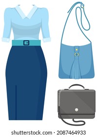 Set of trendy womens clothes. Outfit of woman jacket, blouse, skirt and accessories handbags isolated on white. Women's wardrobe. Ladieswear black and mono style, business suit and set of bags