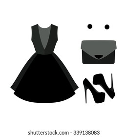 Set of  trendy women's clothes. Outfit of black woman dress with accessories. Women's wardrobe. Vector illustration