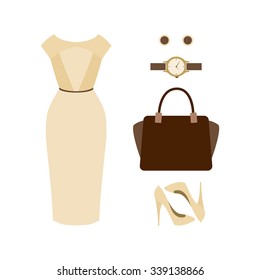 Set of  trendy women's clothes. Outfit of woman dress with accessories. Women's wardrobe. Vector illustration