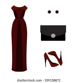 Set of  trendy women's clothes. Outfit of woman evening dress with accessories. Women's wardrobe. Vector illustration