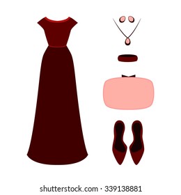 Set of  trendy women's clothes. Outfit of woman evening dress with accessories. Women's wardrobe. Vector illustration