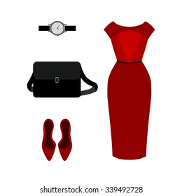 Set of  trendy women's clothes. Outfit of red woman dress with accessories. Women's wardrobe. Vector illustration