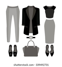 Set of  trendy women's clothes. Outfit of woman jacket, panties, skirt, blouse and accessories. Women's wardrobe. Vector illustration