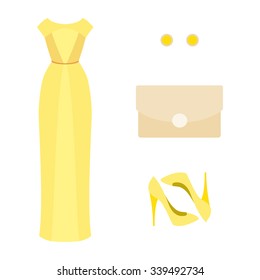 Set of  trendy women's clothes. Outfit of yellow woman evening dress with accessories. Women's wardrobe. Vector illustration